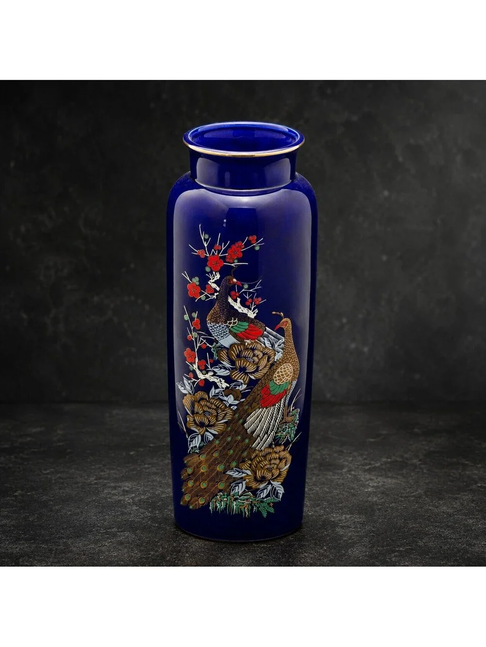 Vintage Imperial Interpur Japan Cobalt Blue Peacock Vase 11
